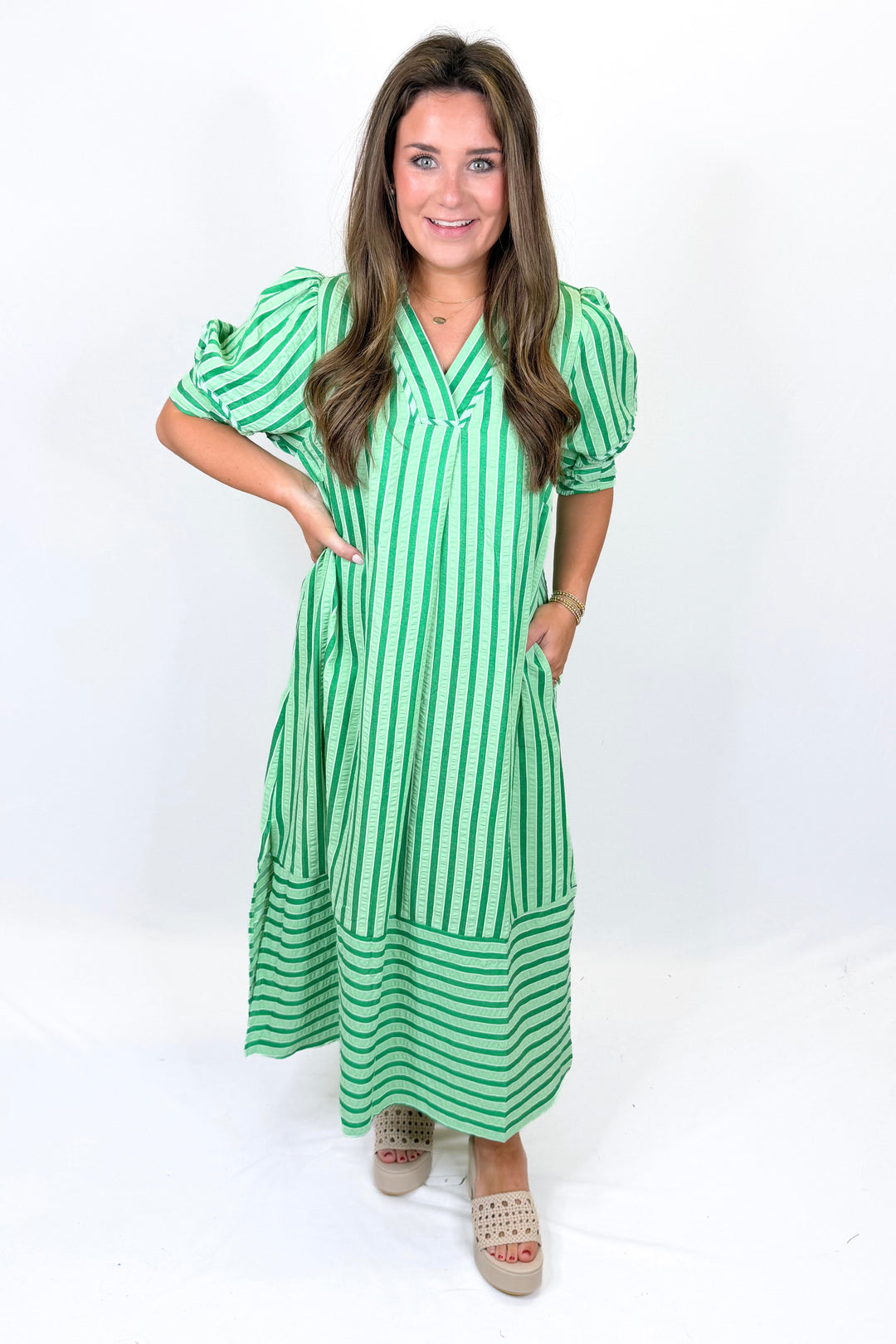 GREEN STRIPE COLLAR MIDI DRESS
