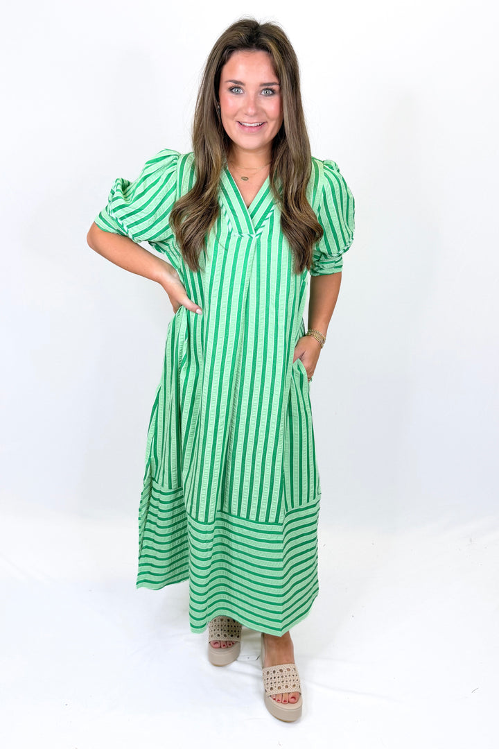 GREEN STRIPE COLLAR MIDI DRESS
