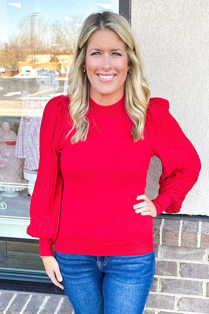 RED PLEATED BUBBLE SLEEVE SWEATER