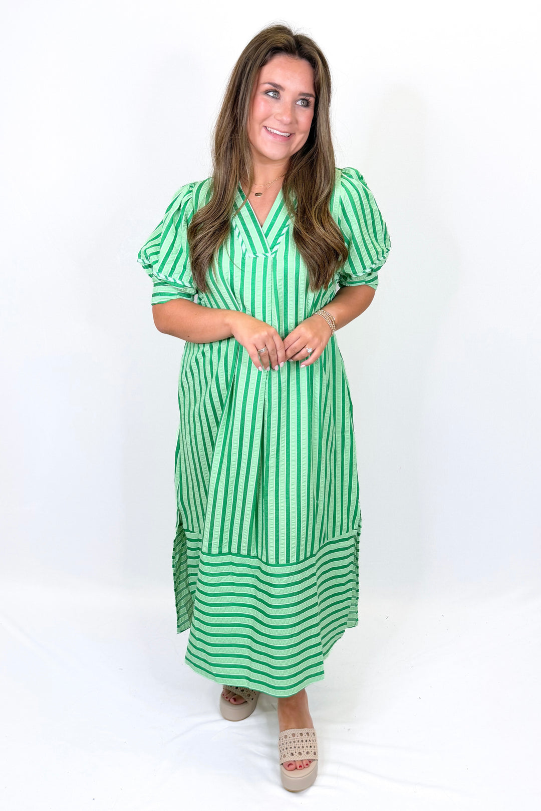 GREEN STRIPE COLLAR MIDI DRESS