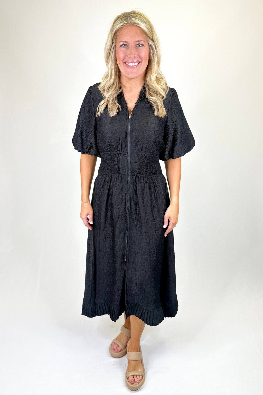 BLACK PLEATED RUFFLE ZIP FRONT MIDI DRESS