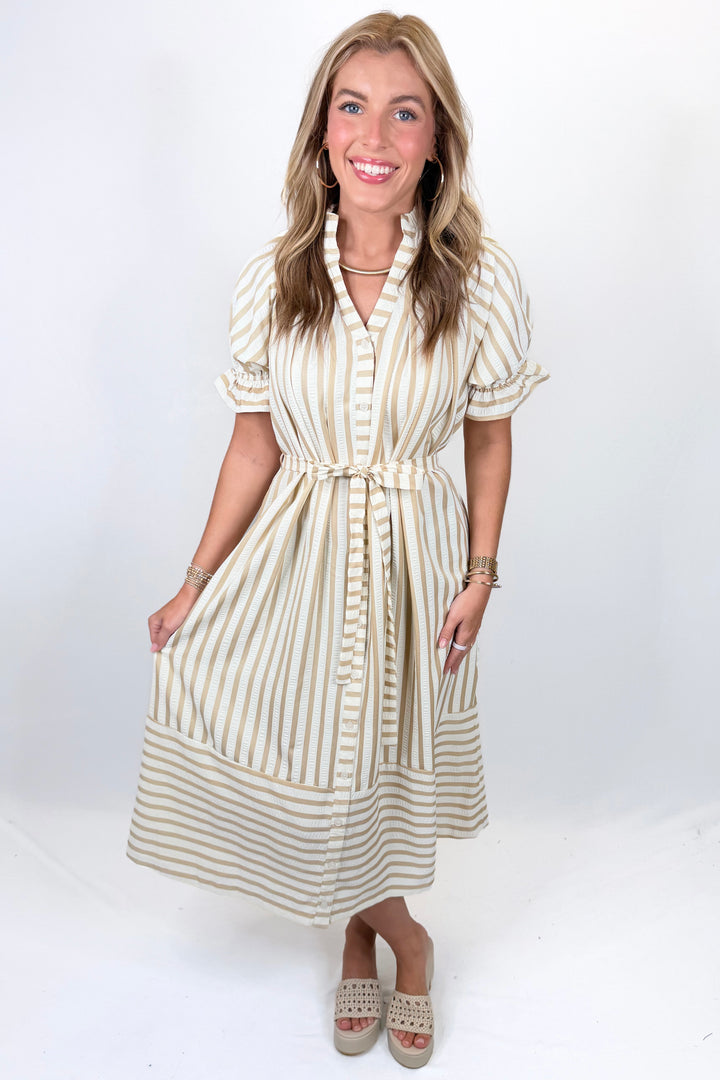 TAN STRIPE BELTED BUTTON MIDI DRESS