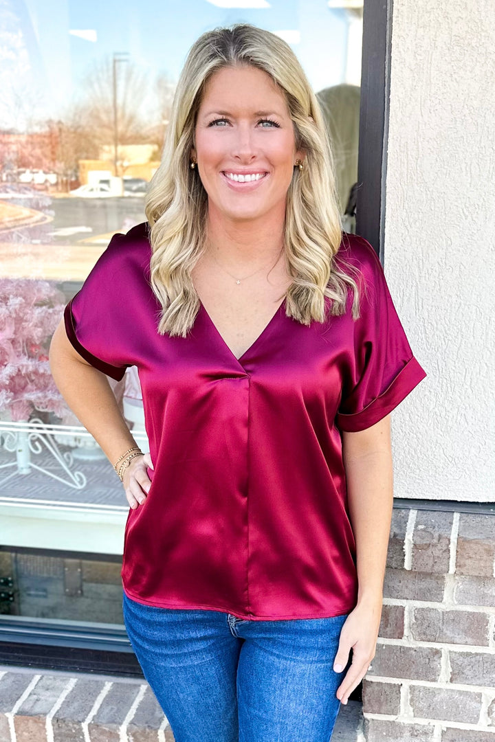 BURGUNDY SATIN VNECK BOXY TUNIC TOP