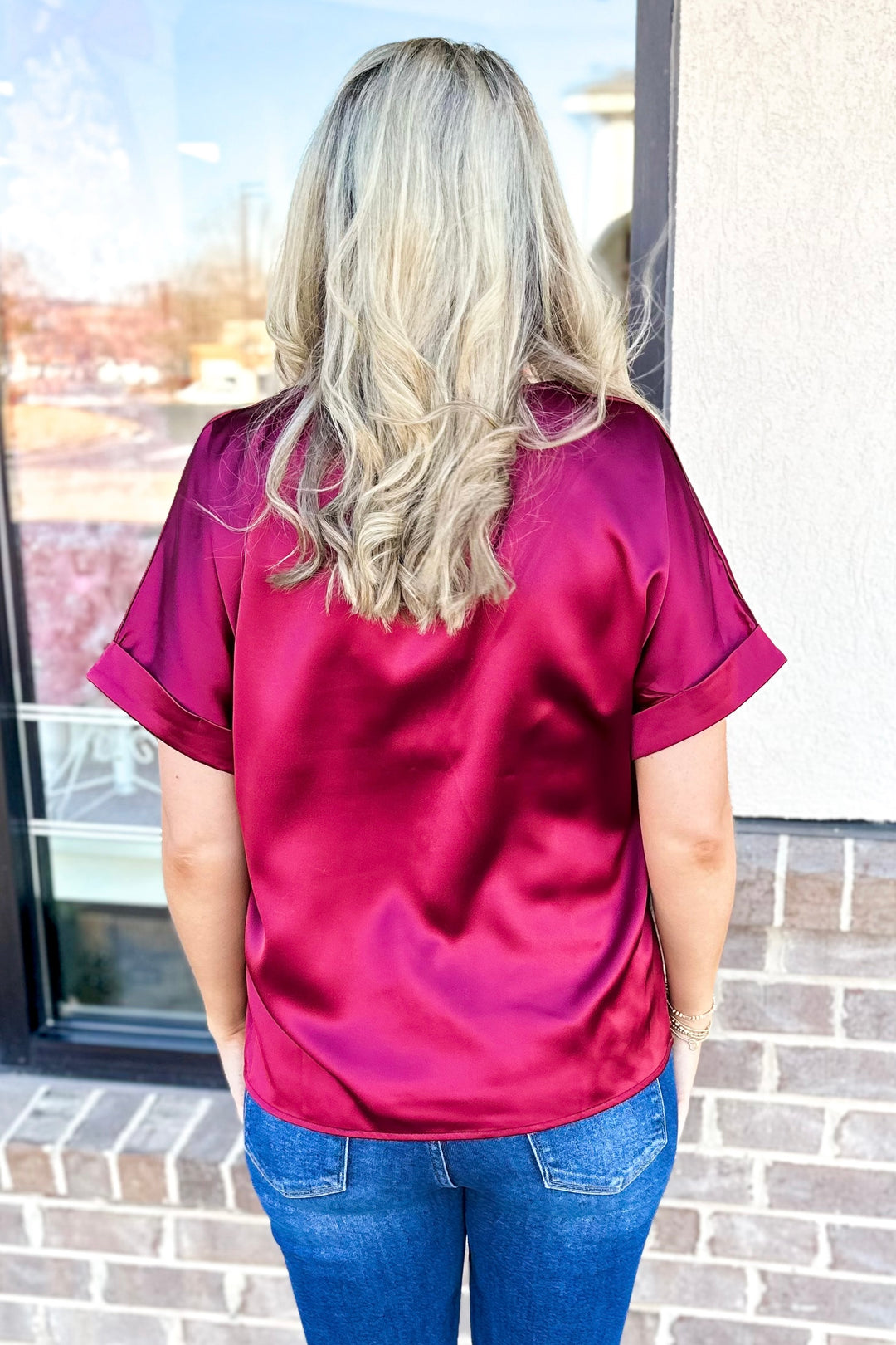 BURGUNDY SATIN VNECK BOXY TUNIC TOP