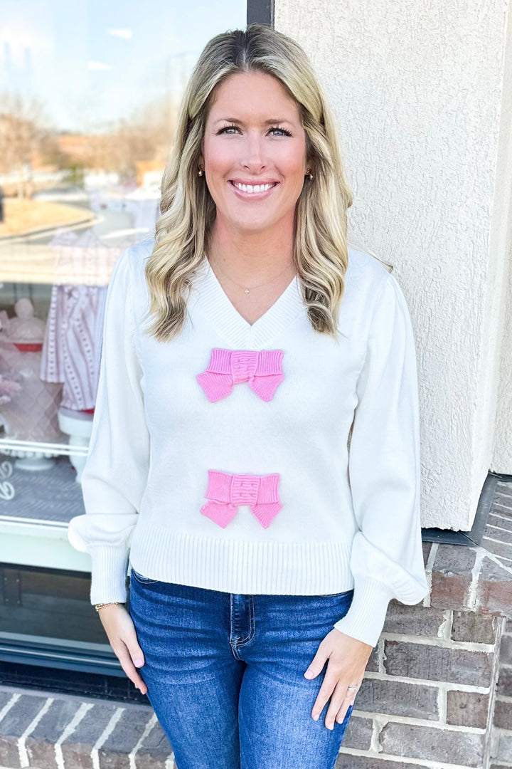 WHITE & PINK BOW VNECK SWEATER