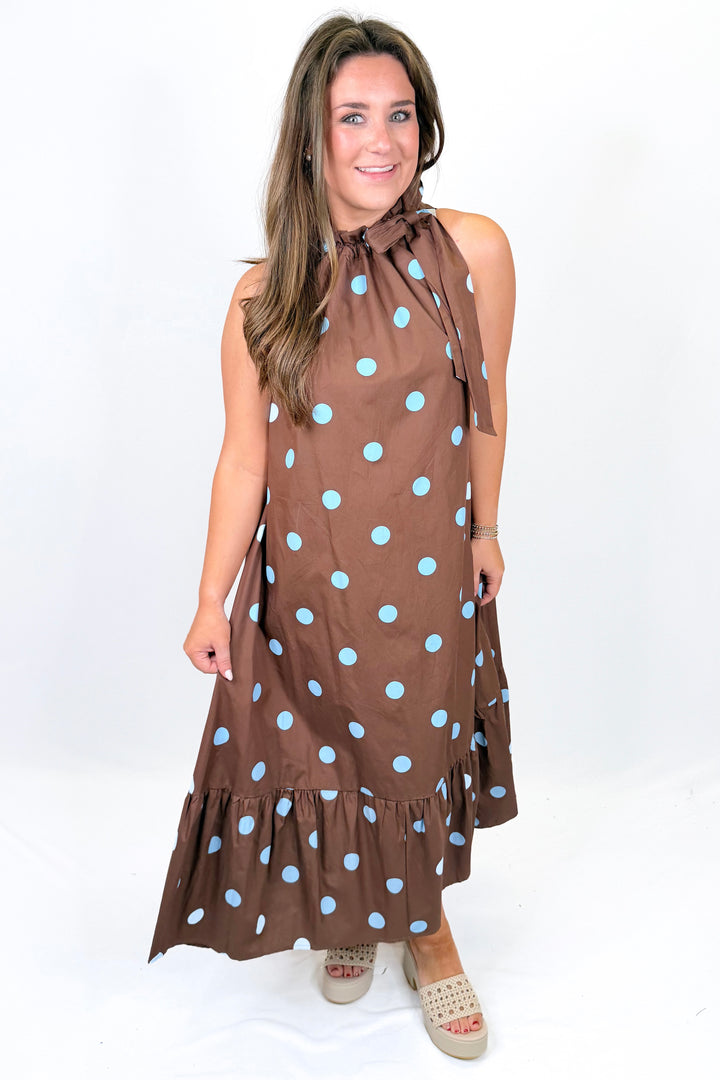 BROWN & BLUE POLKA DOT HALTER NECK MIDI DRESS