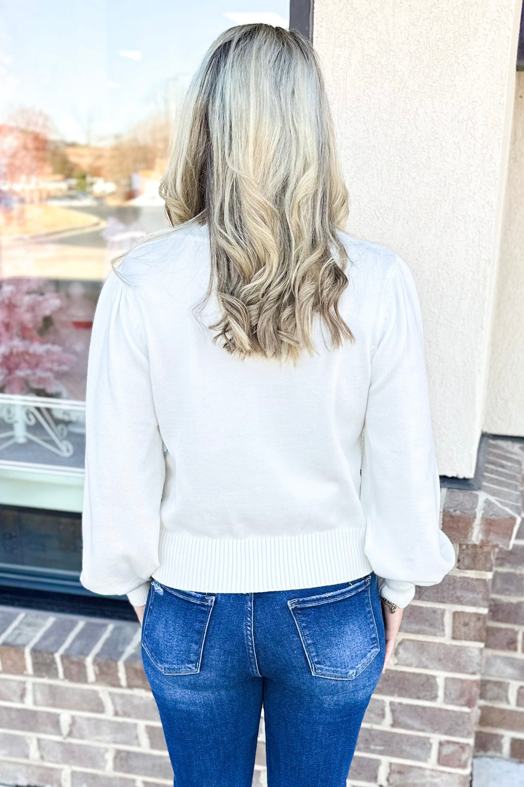 WHITE & PINK BOW VNECK SWEATER