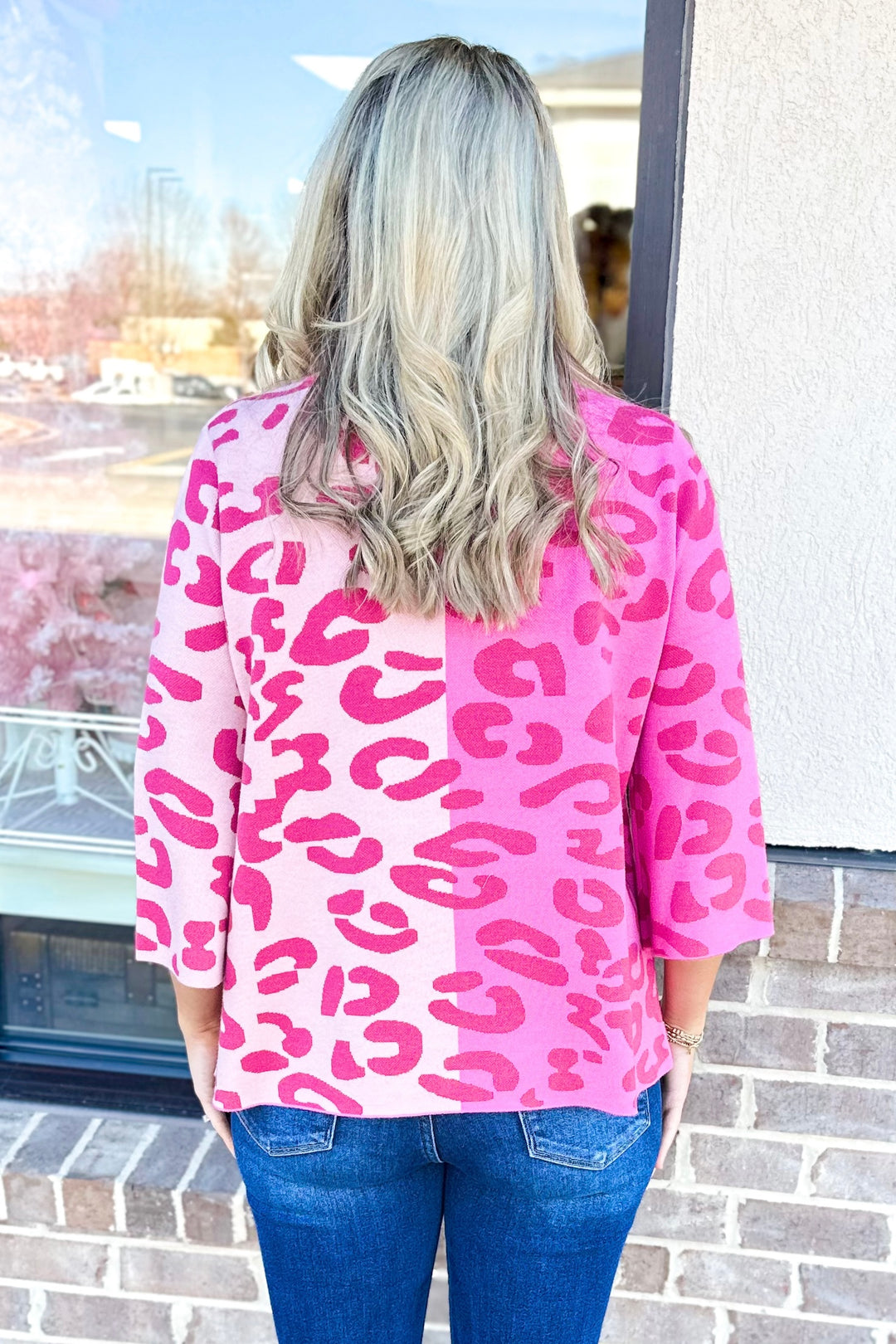 PINK COLOR BLOCK LEOPARD MOCK NECK SWEATER