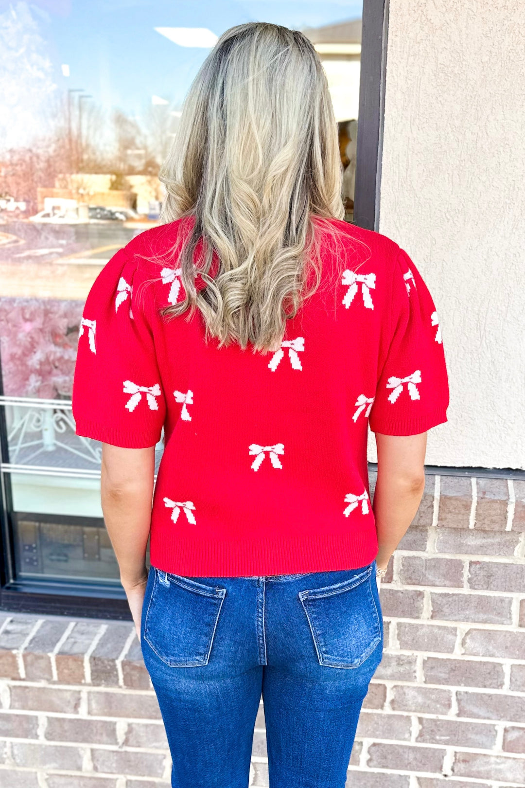 RED & WHITE BOW PRINT SHORT SLEEVE SWEATER