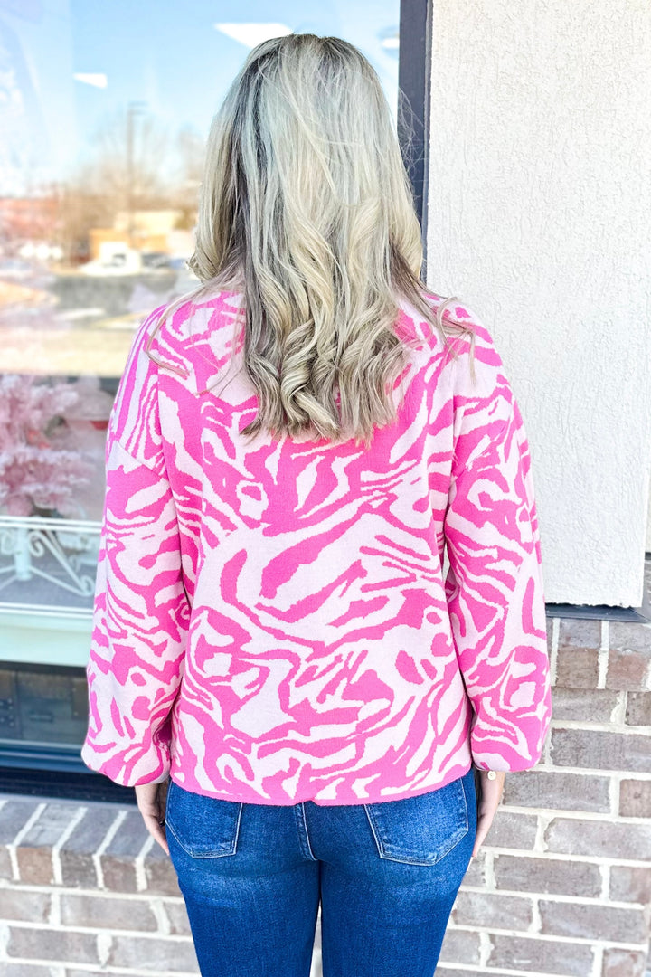 HOT PINK ANIMAL PATTERN MOCK NECK SWEATER