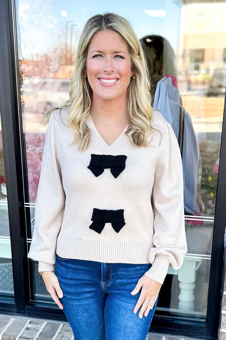 TAUPE & BLACK BOW VNECK SWEATER