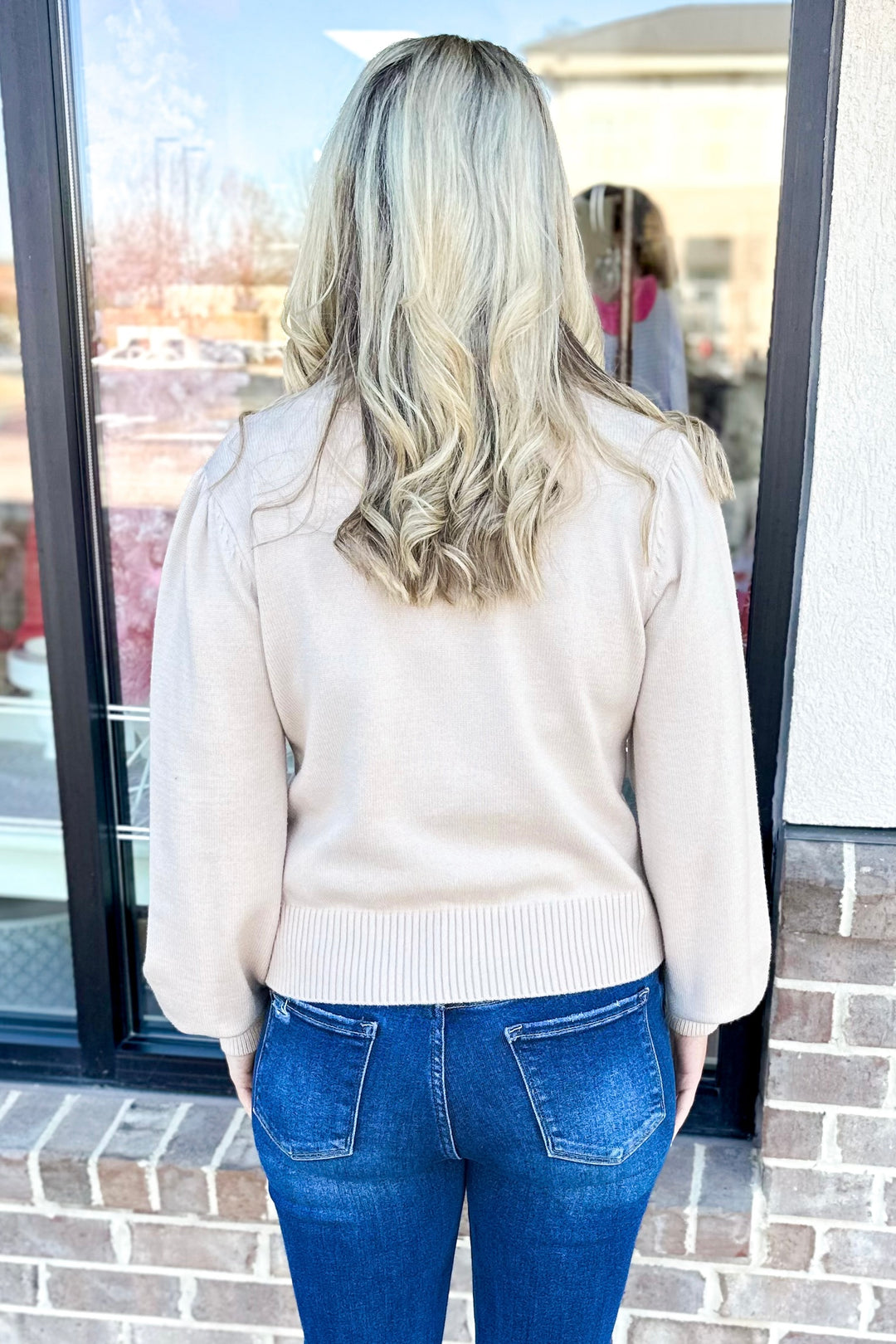 TAUPE & BLACK BOW VNECK SWEATER