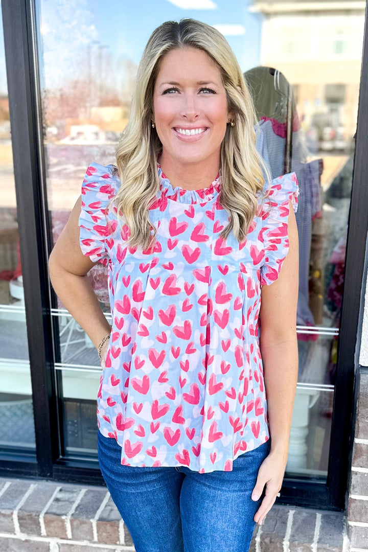 PINK & BLUE HEART PLEATED RUFFLE TOP