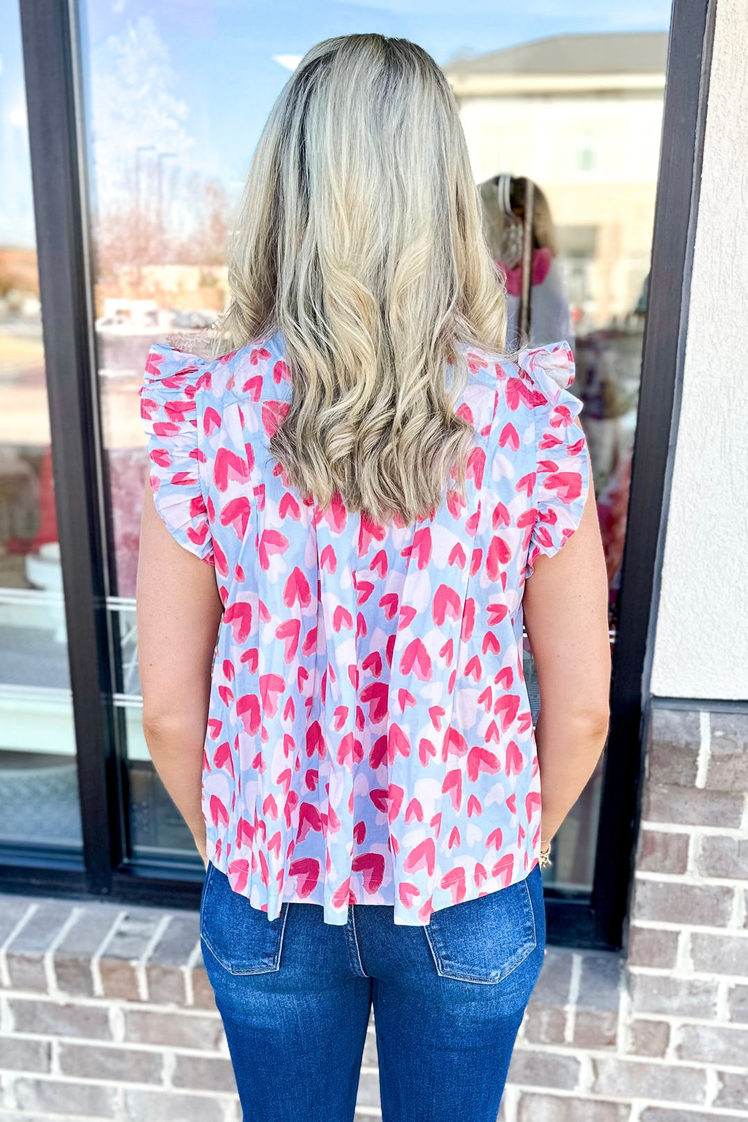 PINK & BLUE HEART PLEATED RUFFLE TOP