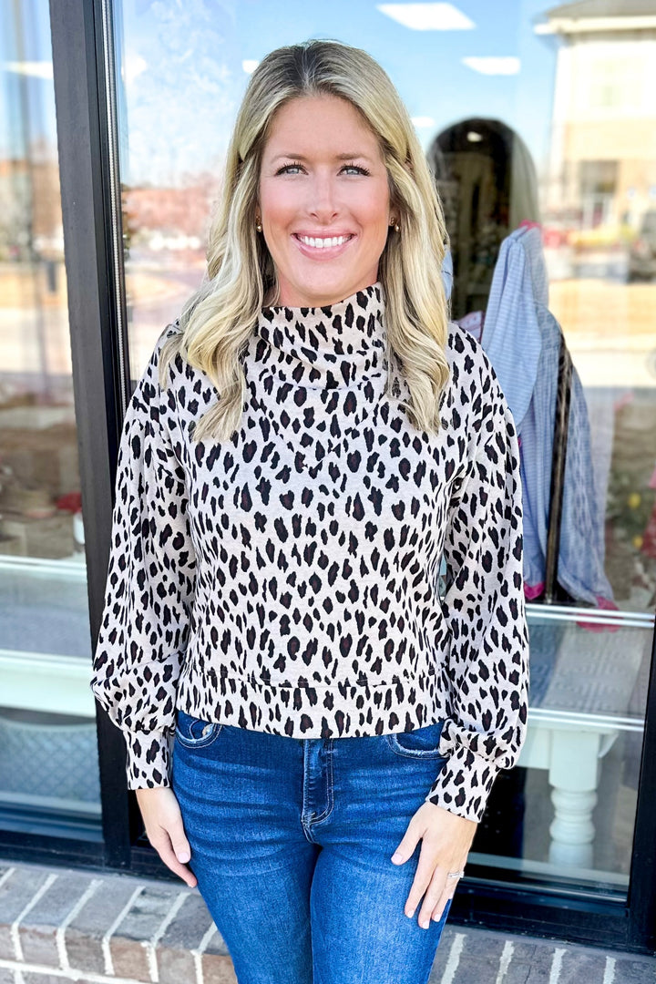 TAUPE LEOPARD MOCK NECK LONG SLEEVE TOP