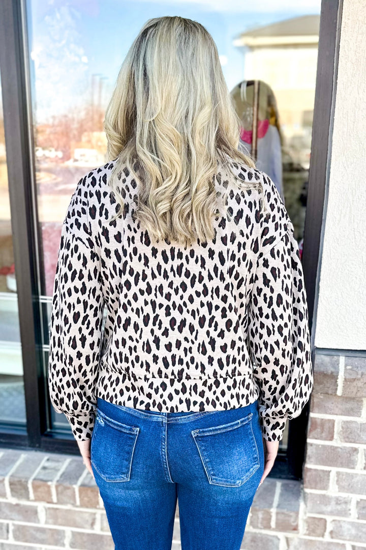 TAUPE LEOPARD MOCK NECK LONG SLEEVE TOP