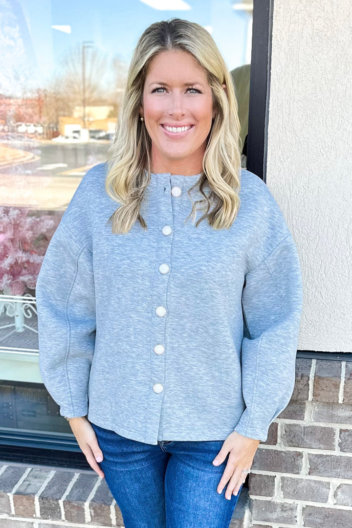 GREY PEARL BUTTON FRONT SCUBA SWEATER