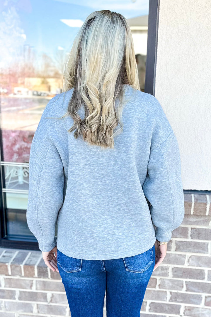 GREY PEARL BUTTON FRONT SCUBA SWEATER