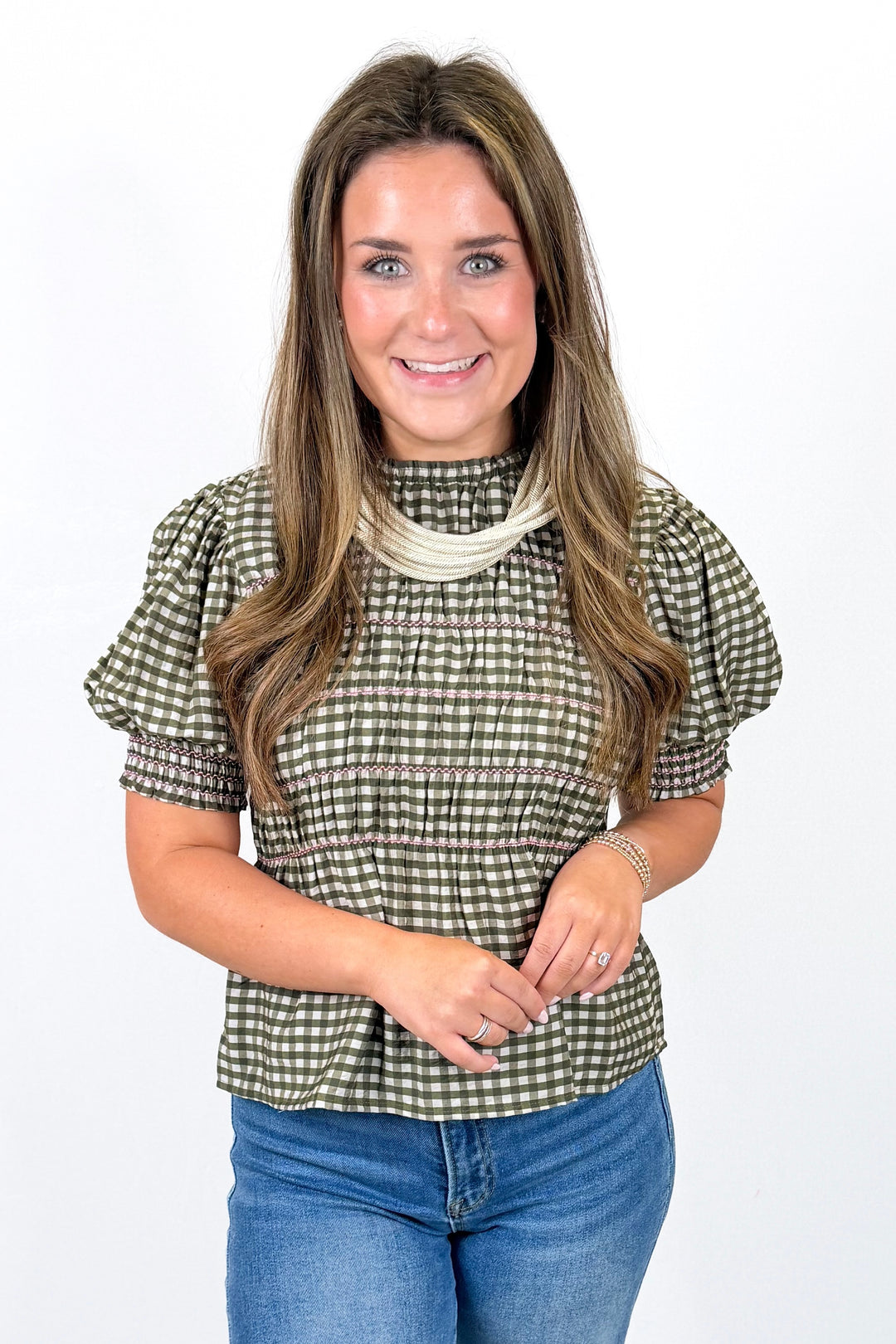 OLIVE STRIPE SMOCKED PEPLUM TOP