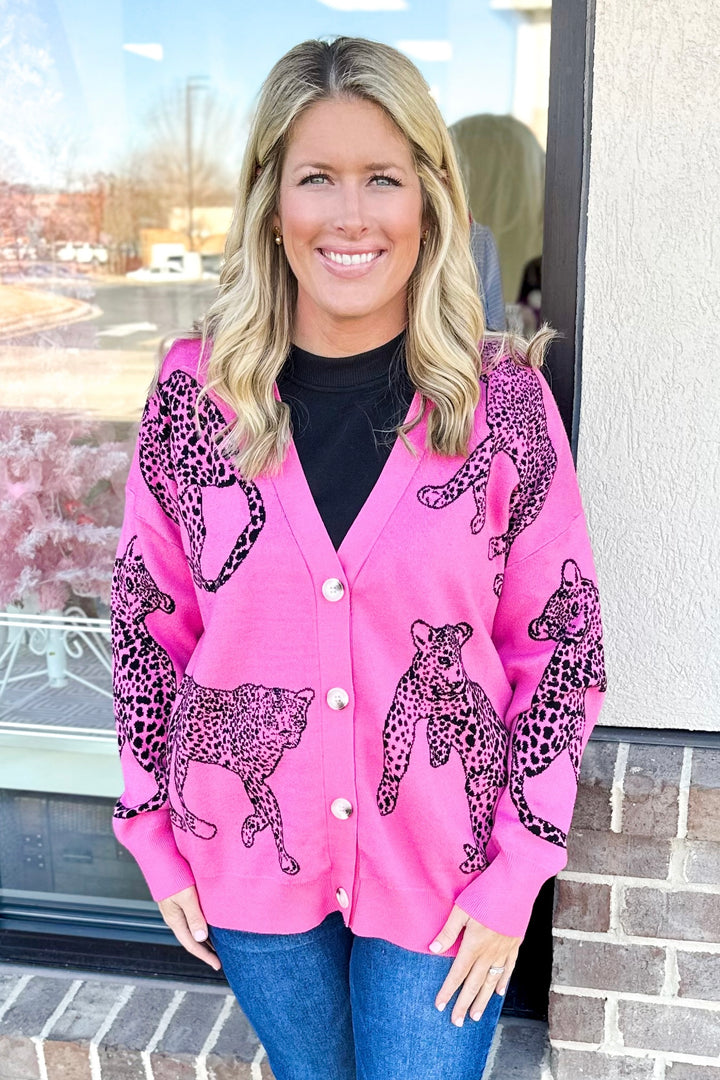 PINK CHEETAH PATTERN BUTTON CARDIGAN SWEATER