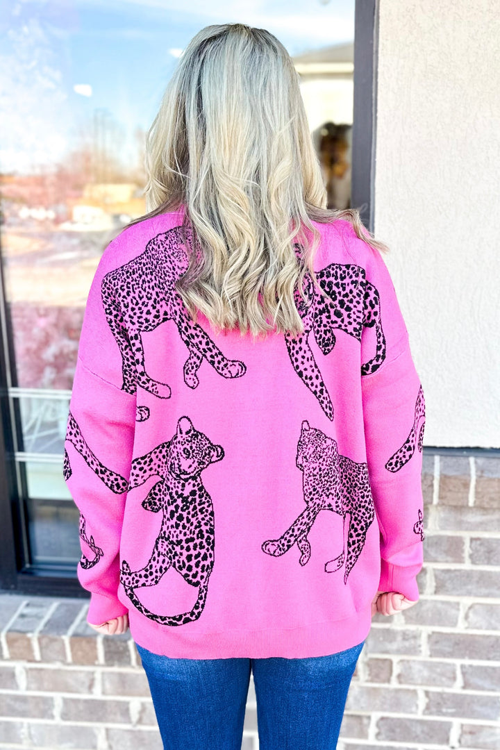 PINK CHEETAH PATTERN BUTTON CARDIGAN SWEATER