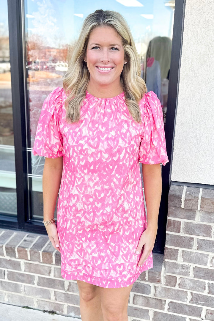 PINK HEART PRINT SHIFT DRESS