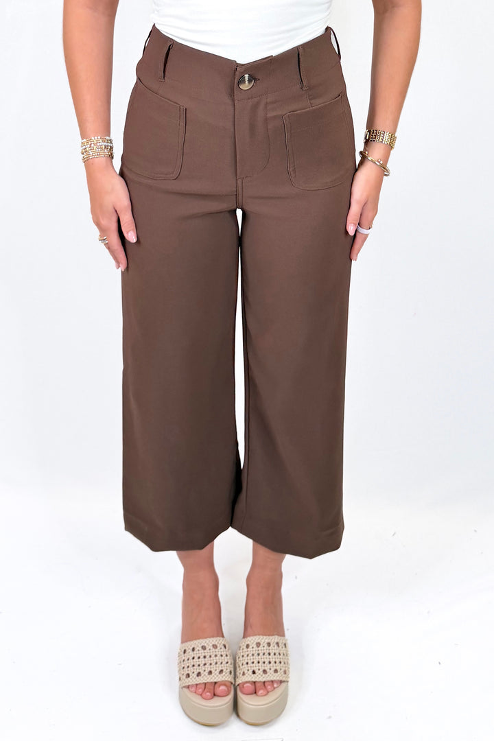 BROWN PATCH POCKET WIDE LEG PANTS