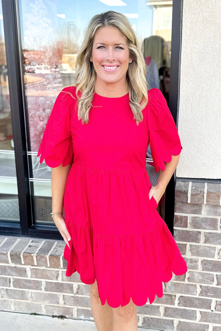 RED SCALLOP SLEEVE TIERED DRESS