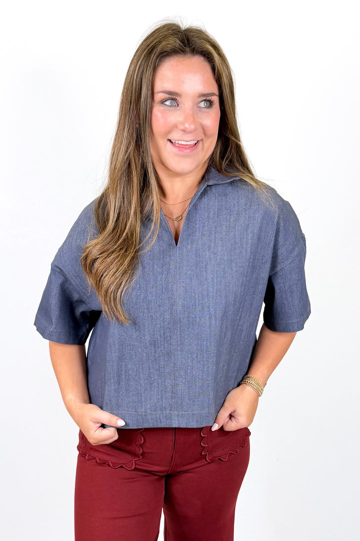 DENIM COLLAR VNECK BOXY TOP