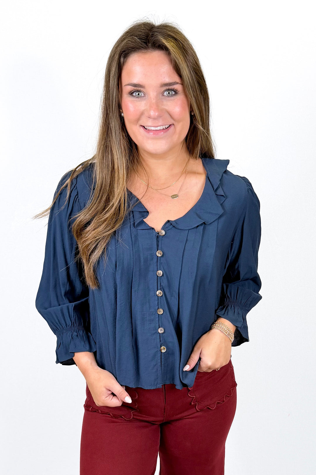 NAVY RUFFLED VNECK BUTTON DOWN 3/4 SLEEVE BLOUSE