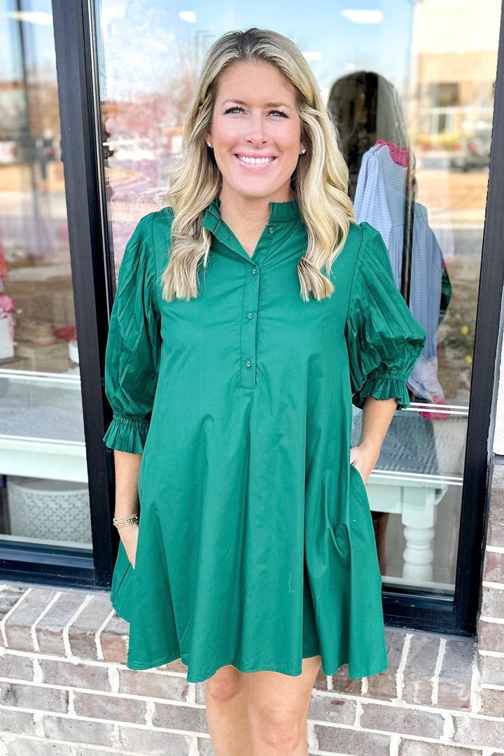 DARK GREEN PLEATED SLEEVE TIE BACK DRESS