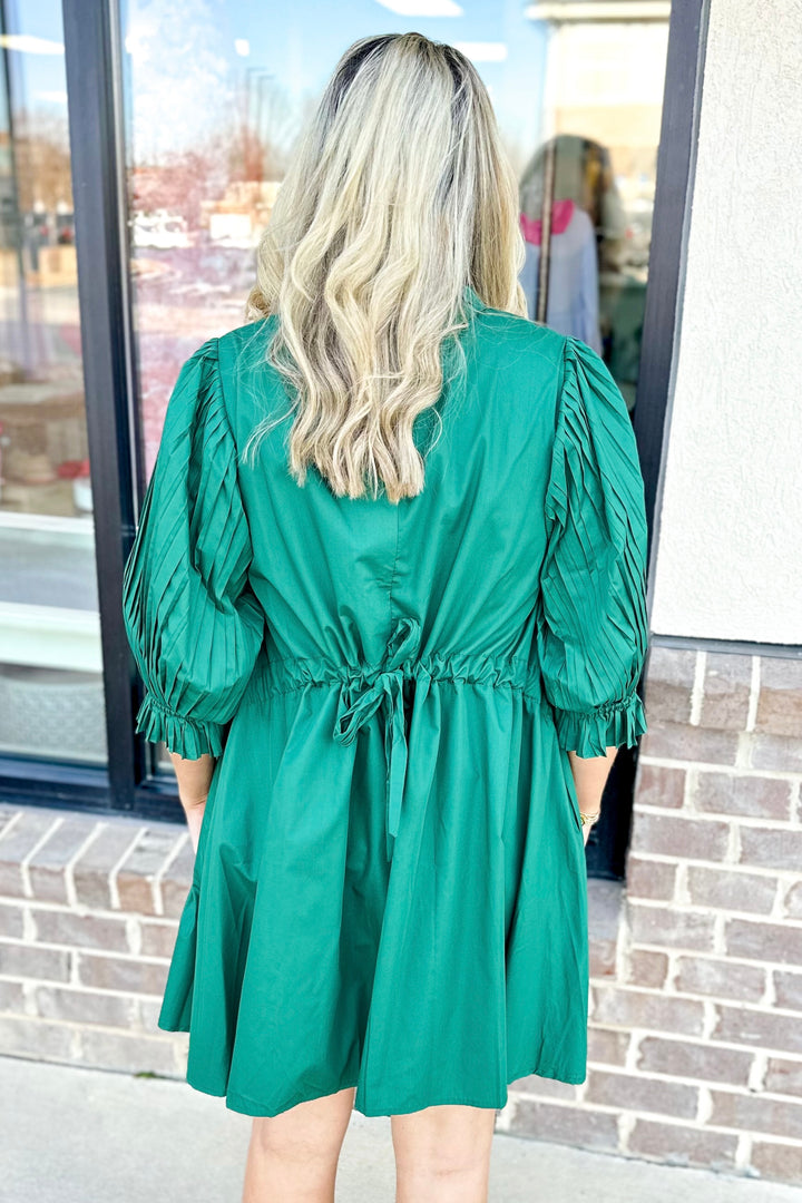 DARK GREEN PLEATED SLEEVE TIE BACK DRESS