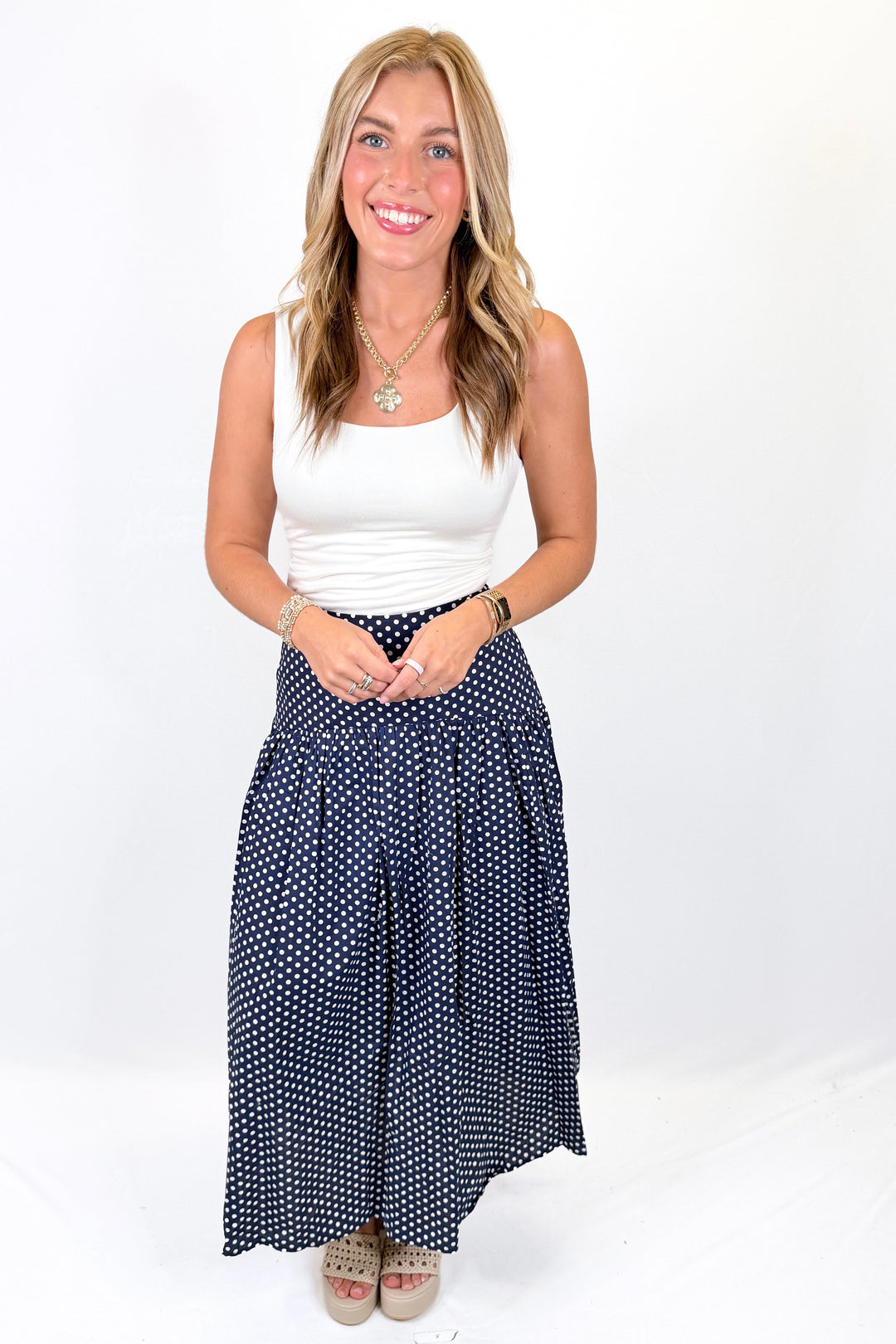 NAVY POLKA DOT DROP WAIST MIDI SKIRT