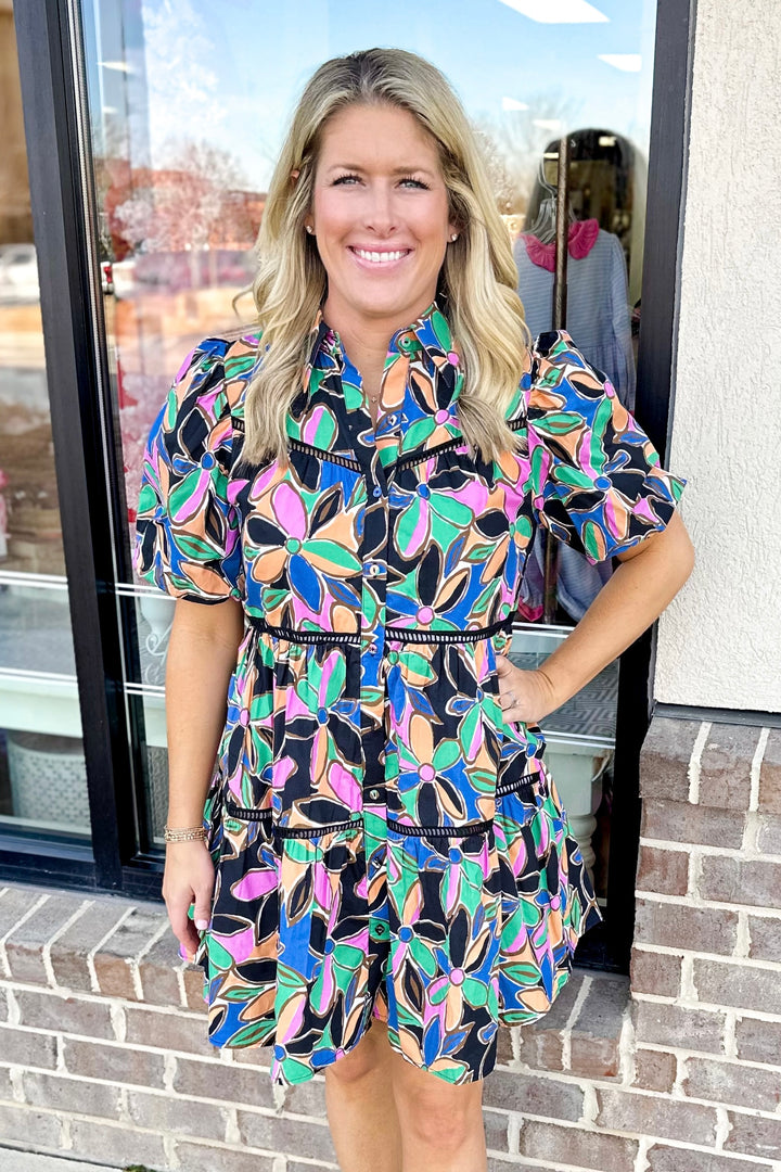 BLACK MULTI FLORAL BUTTON DOWN TIERED DRESS