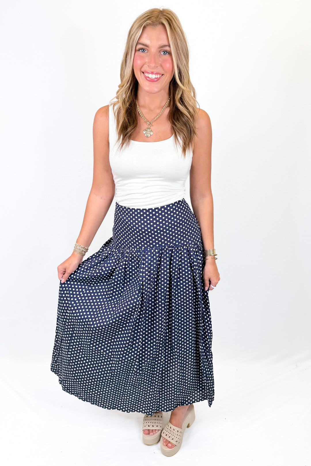 NAVY POLKA DOT DROP WAIST MIDI SKIRT
