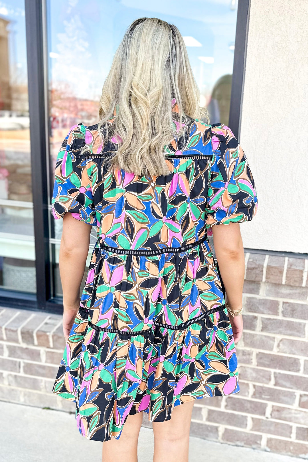 BLACK MULTI FLORAL BUTTON DOWN TIERED DRESS