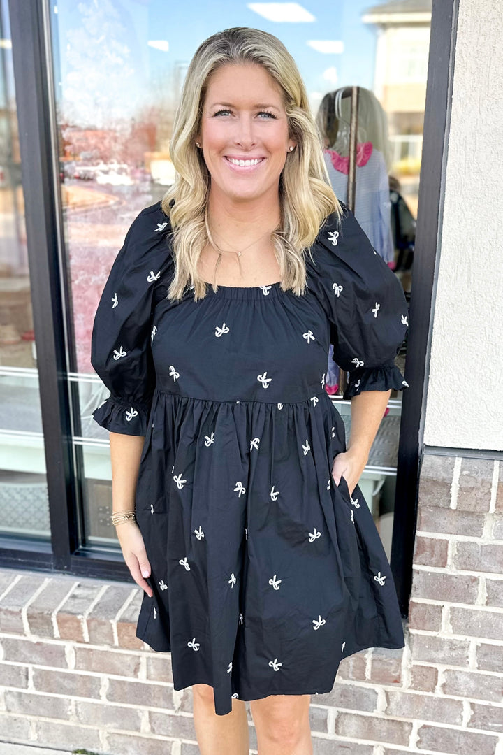 BLACK MINI BOW EMBROIDERED DRESS