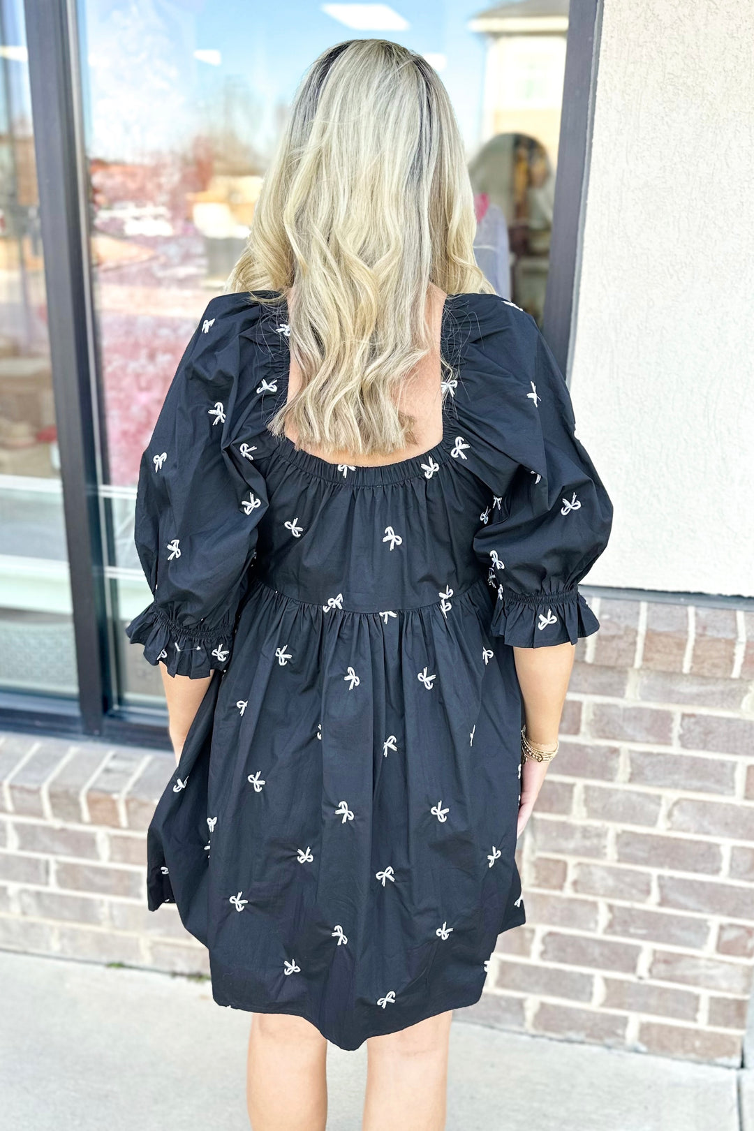 BLACK MINI BOW EMBROIDERED DRESS