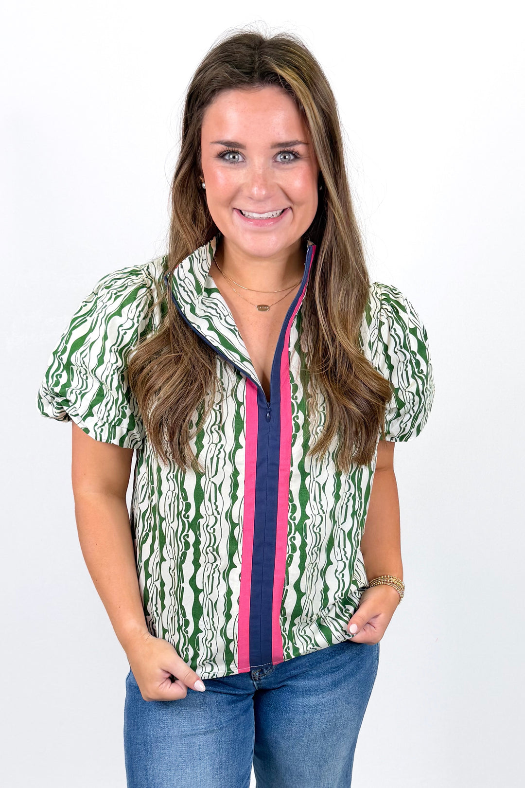 GREEN PRINT CONTRAST PINK STRIPE TOP