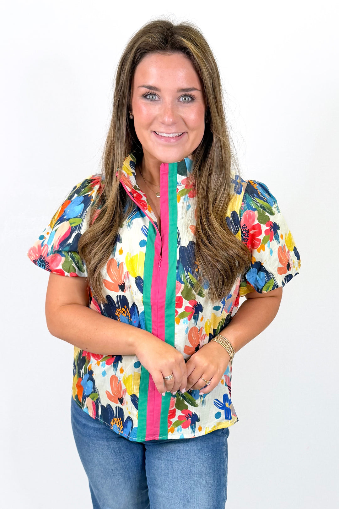 MULTI COLOR ABSTRACT FLORAL VNECK TOP