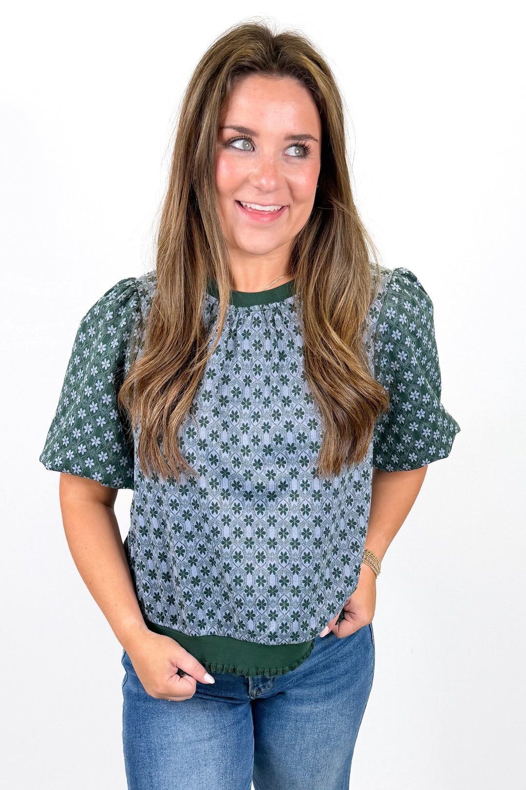 GREEN & BLUE FLORAL PUFF SLEEVE TOP