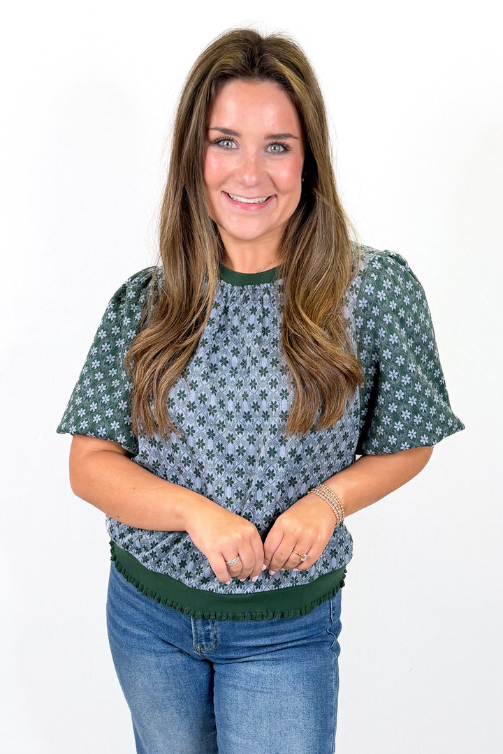 GREEN & BLUE FLORAL PUFF SLEEVE TOP