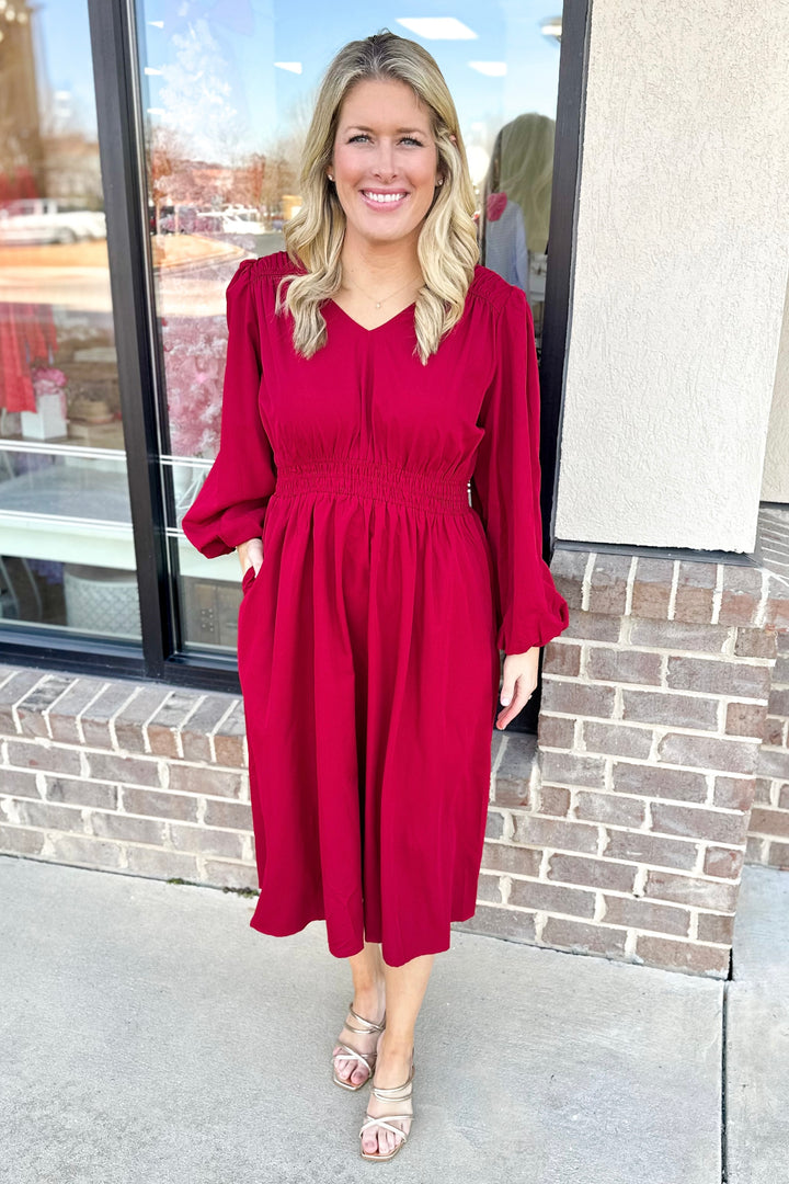 BURGUNDY VNECK LONG SLEEVE MIDI DRESS