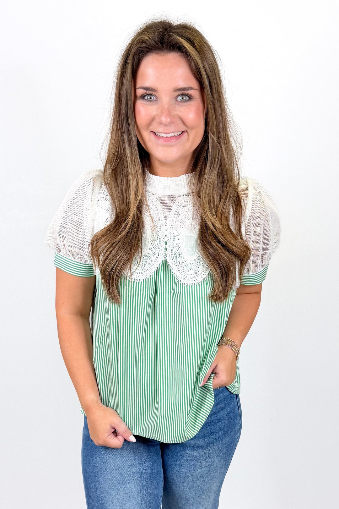 GREEN STRIPE LACE APPLIQUE TOP
