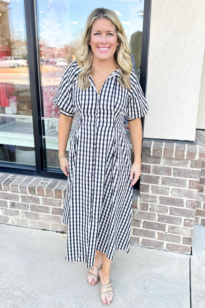 BLACK PLAID BUTTON FRONT MIDI DRESS