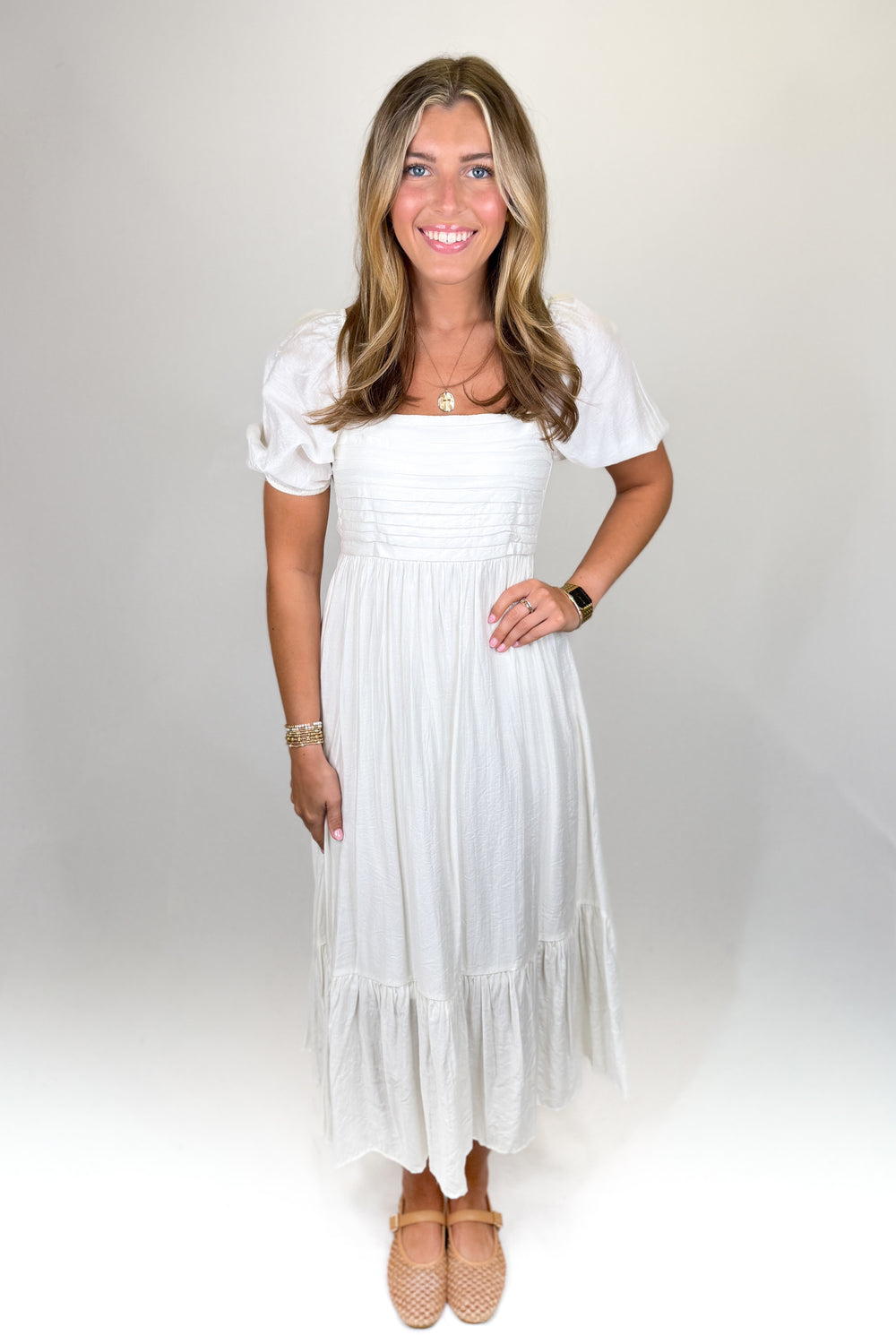 White Tuck Pleat Square Neck Midi Dress | Feminine Brunch & Event Dress