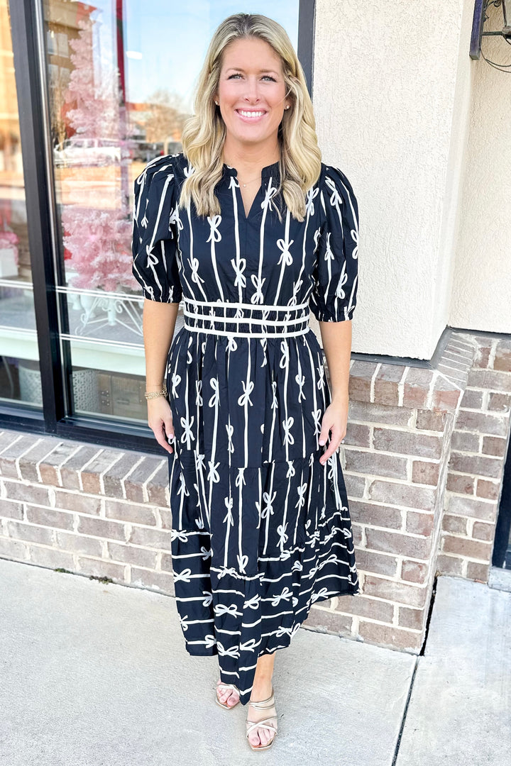 BLACK & WHITE BOW PRINT MAXI DRESS