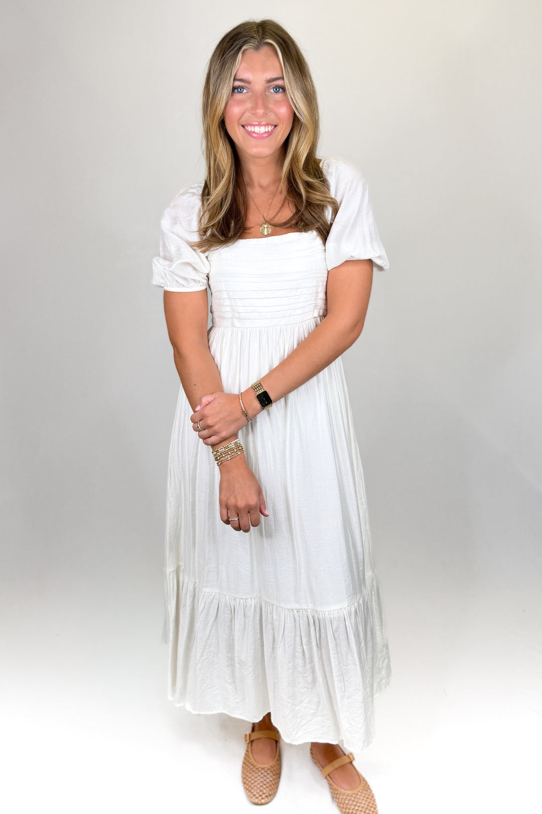 White Tuck Pleat Square Neck Midi Dress | Feminine Brunch & Event Dress