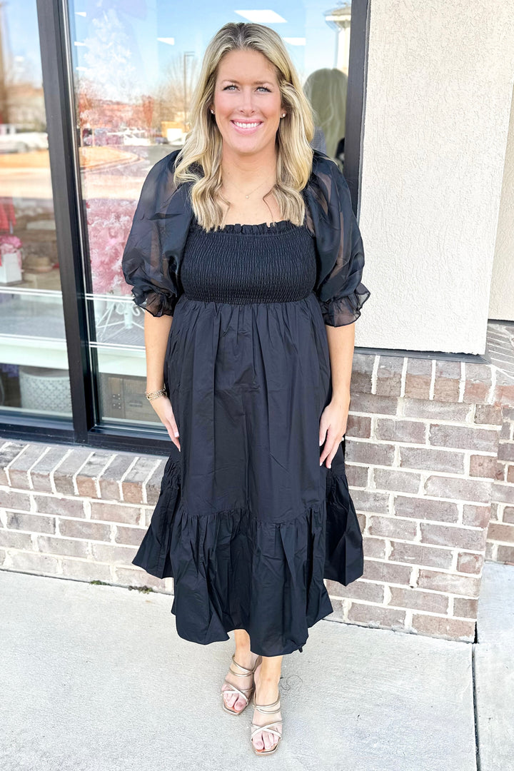 BLACK SHIMMER SMOCKED MIDI DRESS