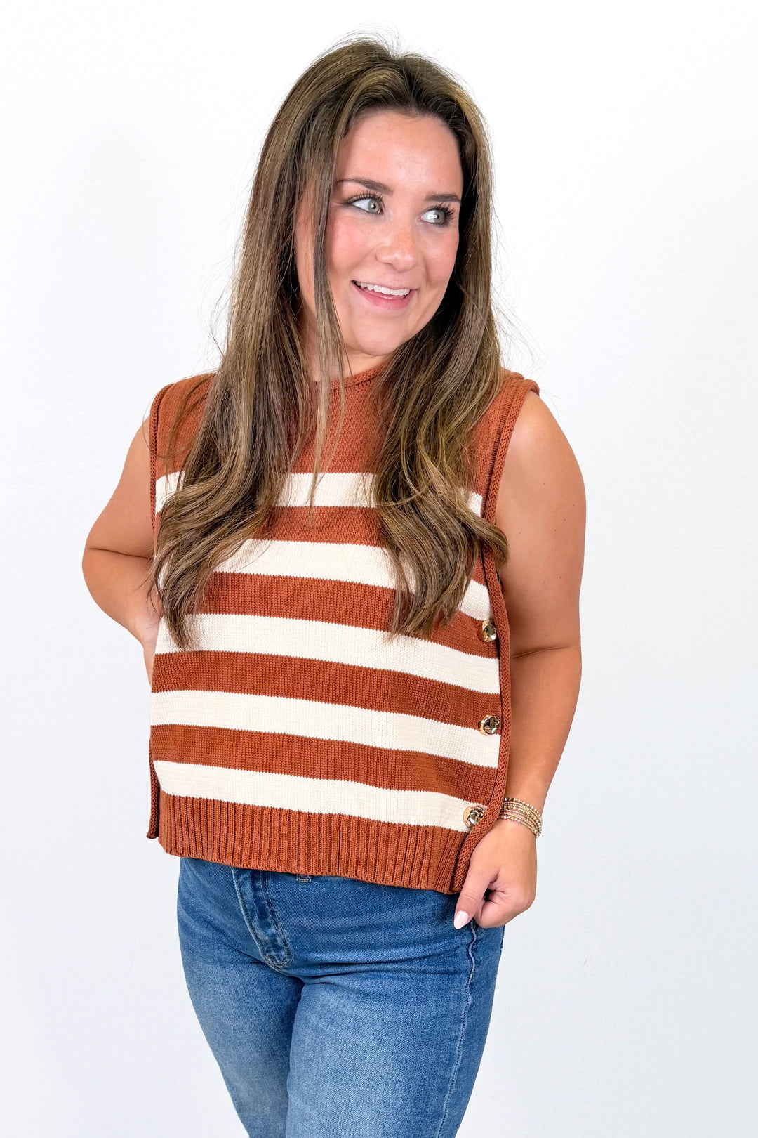 BROWN STRIPE GOLD BUTTON SLEEVELESS SWEATER
